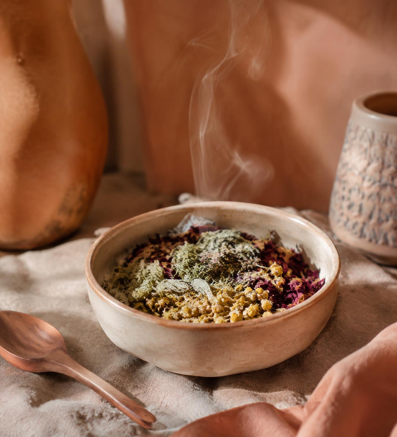 Bowl of dried herbs with rising steam